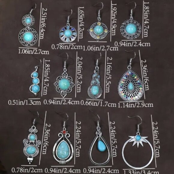 12 Pairs Turquoise Boho Tribal Geometric Earrings - Picture 3 of 12